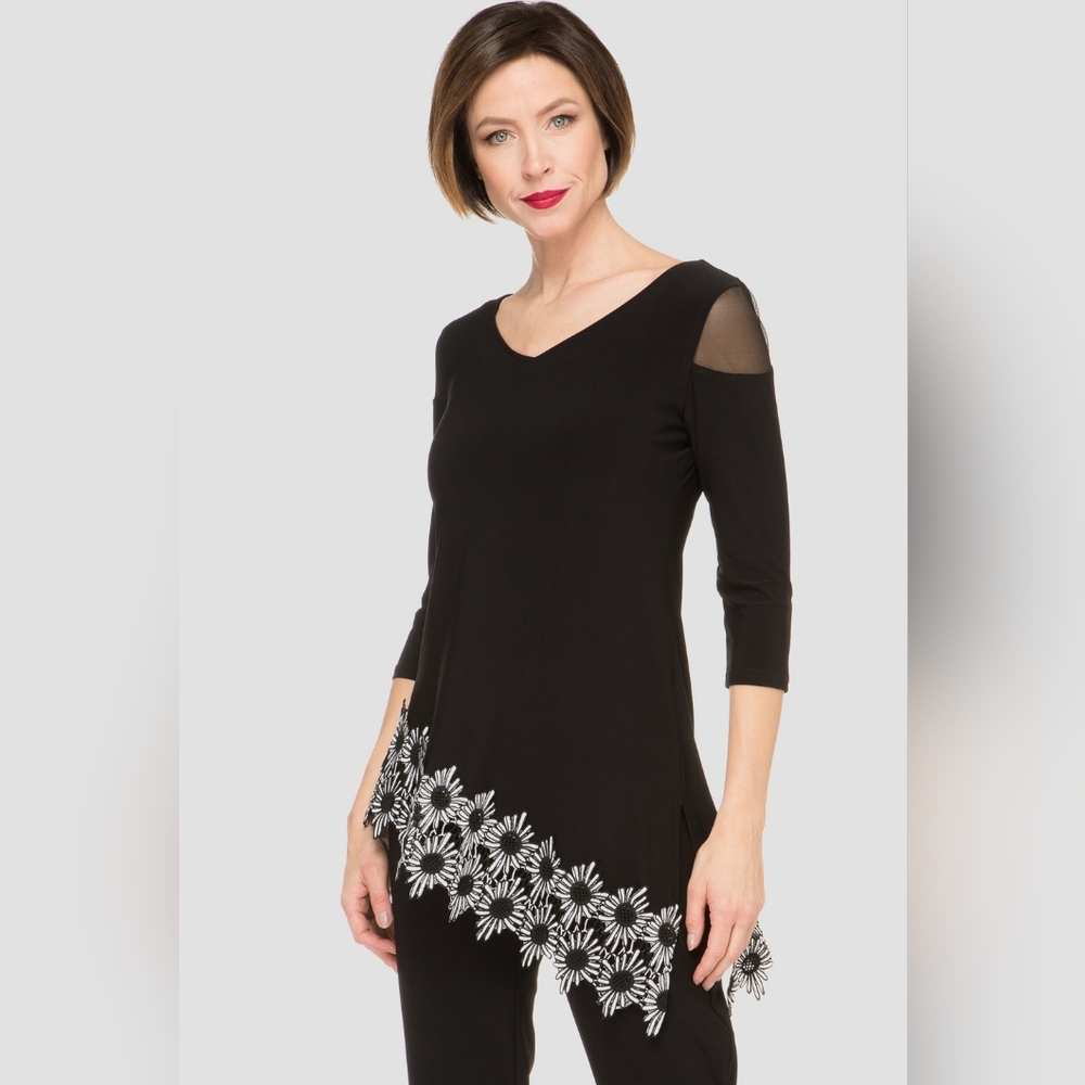 Joseph Ribkoff Black Asymetrical Tunic with White Floral Hem Size 8